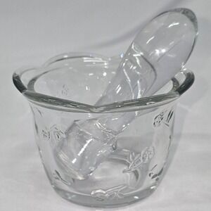 Vintage Clear Glass Mortar and Pestle Set Embossed Floral Scalloped Rim